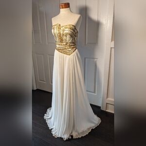 Terani Couture Strapless Ivory Gown with Gold Sequin Bodice